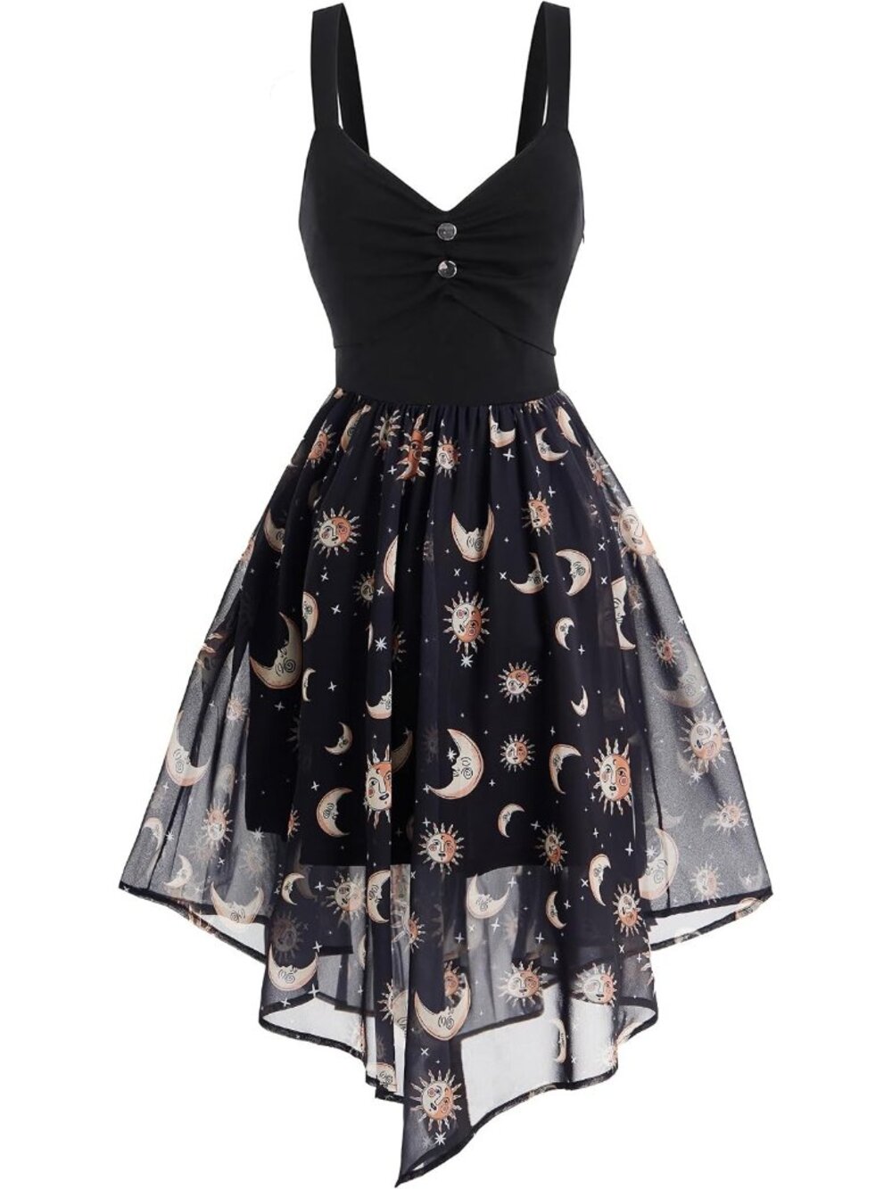 🎃Women's Black Halloween Vintage Chiffon Sun Moon Star Sleeveless A-Line Dress